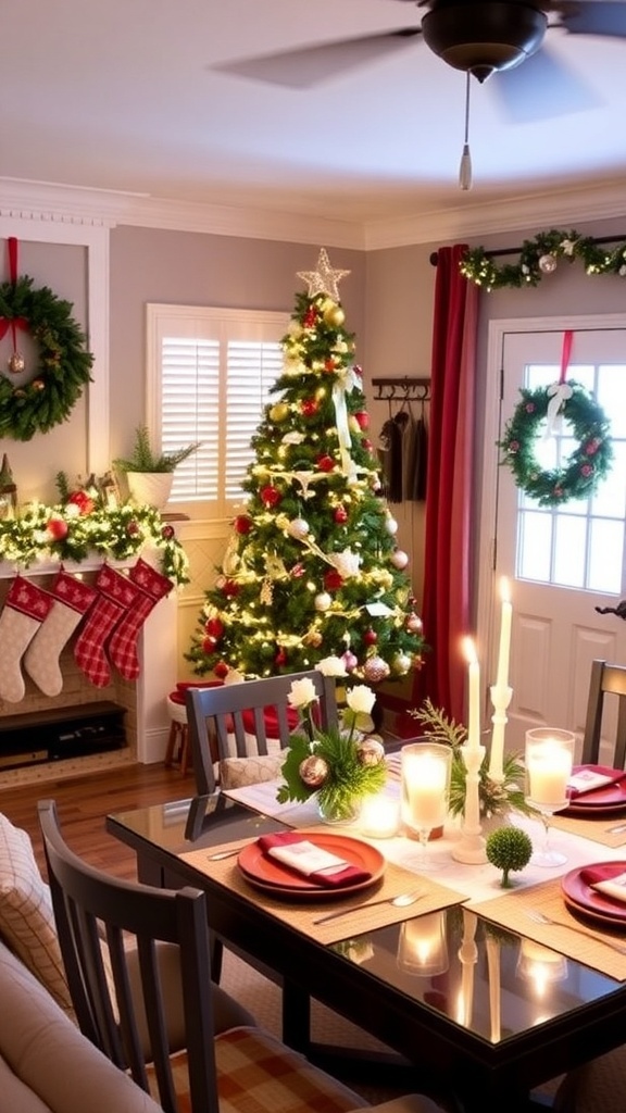 A cozy Christmas living room with a decorated tree, festive table, and DIY decorations.